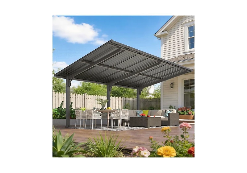 Aecojoy 16'x10' Lean to Hardtop Metal Carport Gazebo, 10x16 Outdoor Freestanding Pergola Gazebo