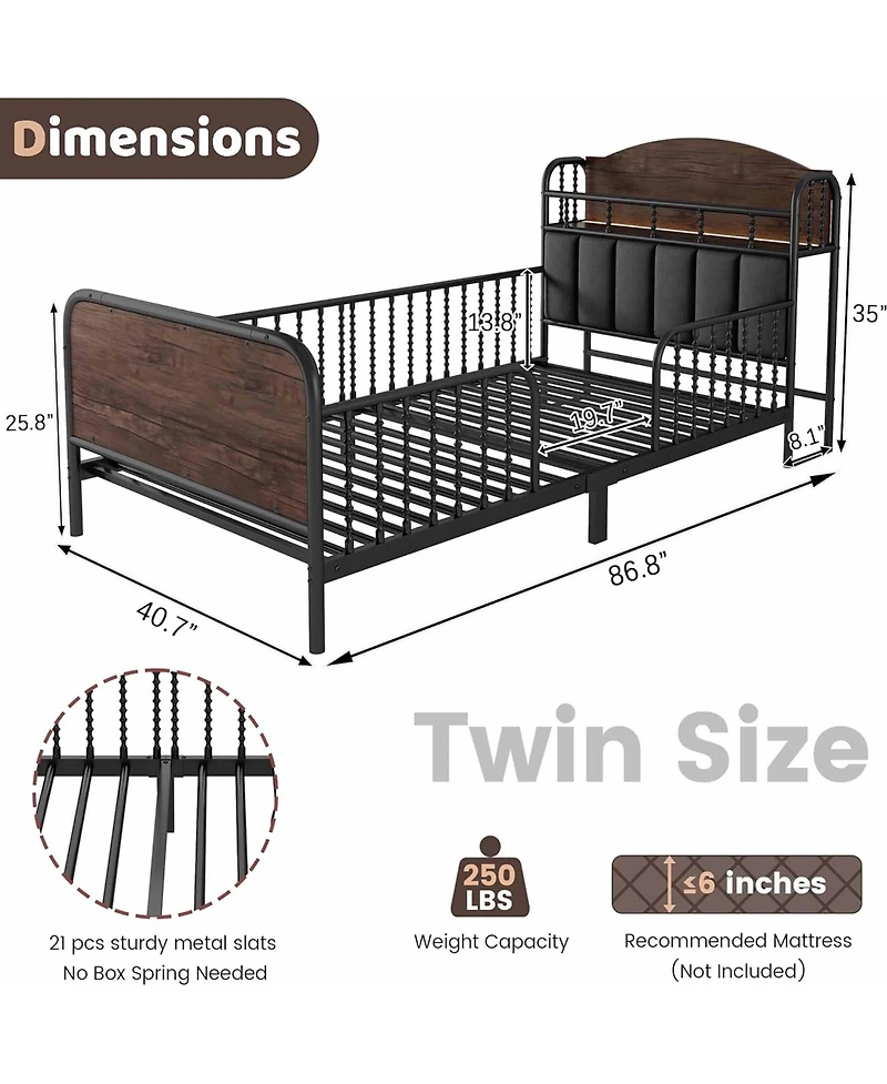 Rainsken Twin Size Metal Platform Bed with Led Light, Upholstered Storage Headboard and Low Profile Design for Kids Boys Girls