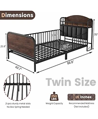 Rainsken Twin Size Metal Platform Bed with Led Light, Upholstered Storage Headboard and Low Profile Design for Kids Boys Girls