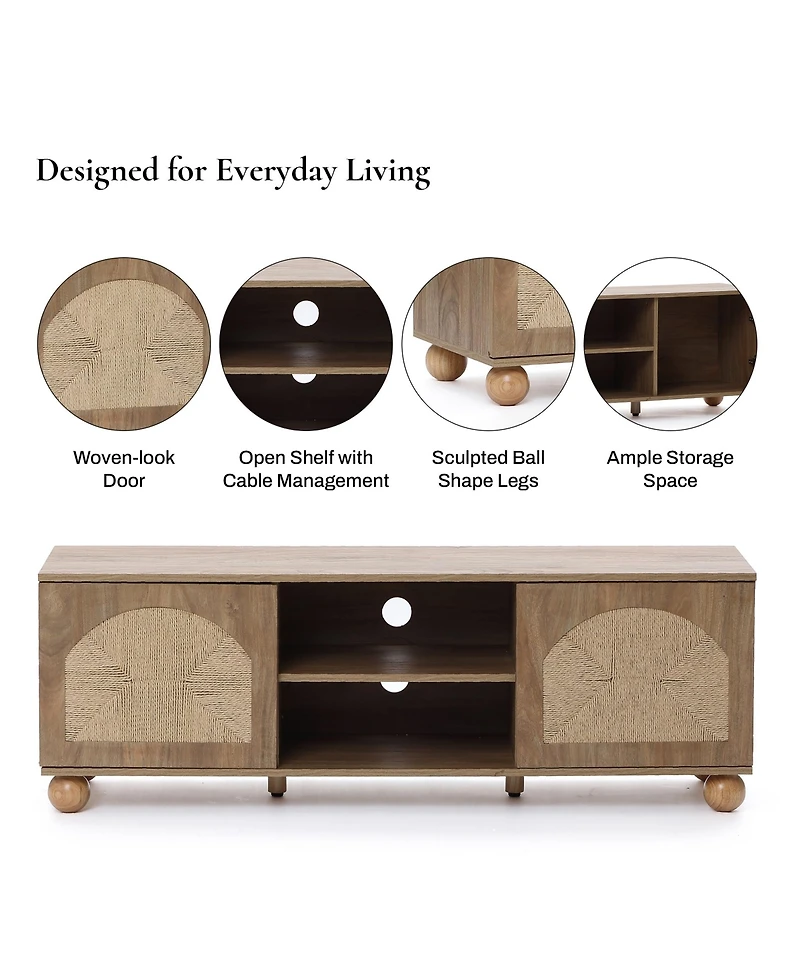 LuxenHome Oak Finish Engineered Wood Tv Console, Round Ball Legs, Functional Storage