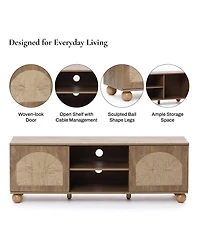 LuxenHome Oak Finish Engineered Wood Tv Console, Round Ball Legs, Functional Storage