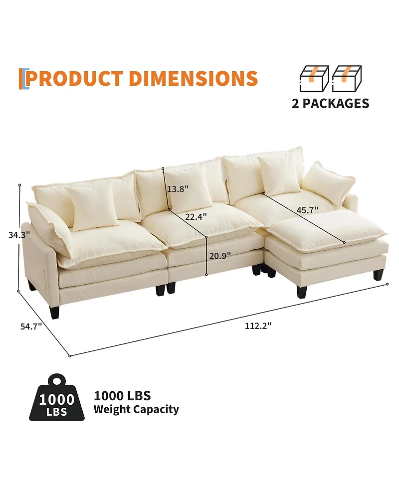 gaomon 112" L-Shaped Modular Sectional Sofa, Deep Seat Cloud Couch with Chenille and Corduroy, Ottoman and Armrests