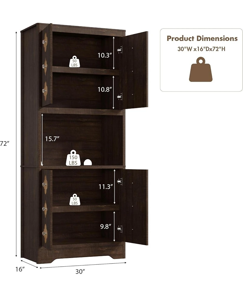 gaomon 72" Tall Pantry Cabinet with Countertop, Freestanding Kitchen Hutch Storage Cupboard Carved Door & Crystal Handle