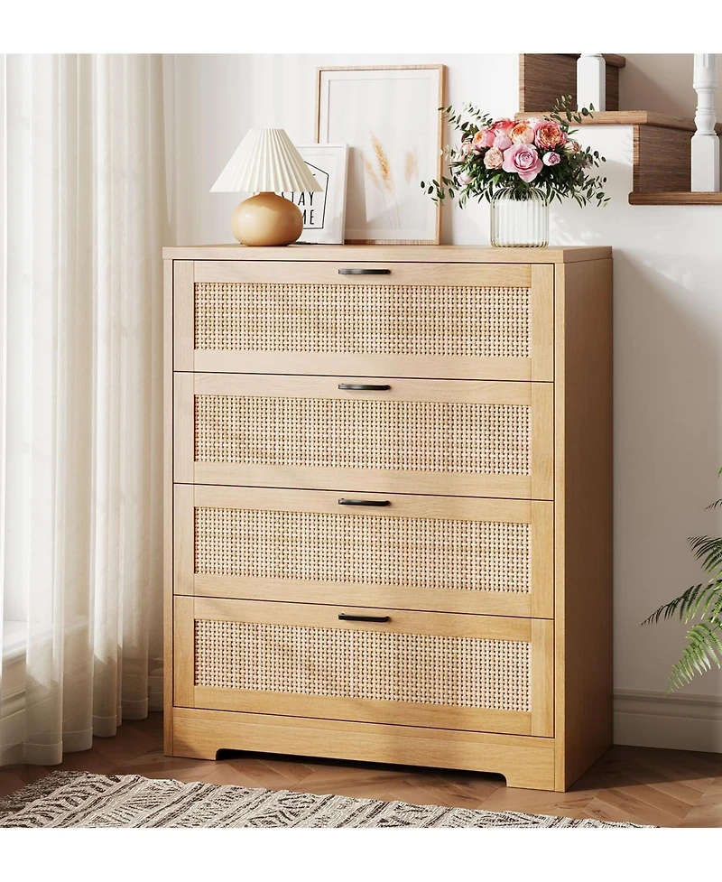 gaomon 4 Drawer Dresser for Bedroom, Rattan Chest of Dressers, Modern Wood Tall with Power Outlets
