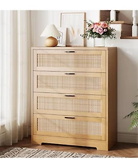 gaomon 4 Drawer Dresser for Bedroom, Rattan Chest of Dressers, Modern Wood Tall with Power Outlets