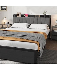 gaomon Queen Industrial Platform Bed with Storage Headboard, 2 Drawers & Charging Station, No Box Spring