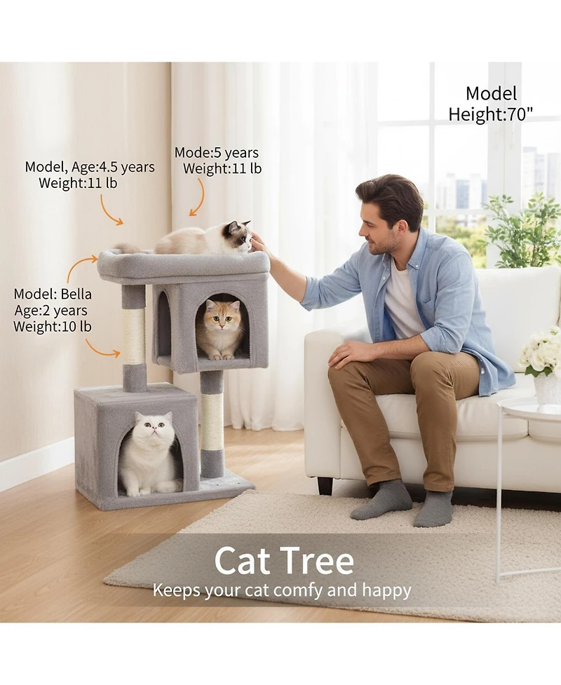 Aronkl 33.1-inch Cat Tree Tower with Large Perch 2 Caves Scratching Posts Sturdy Stable