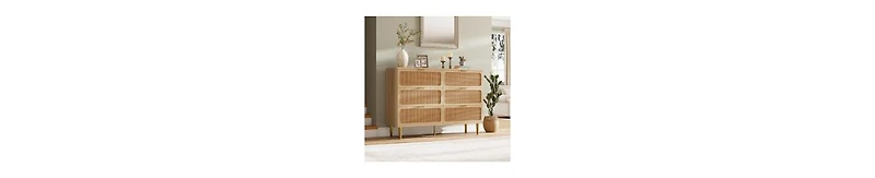 Rattan 6 Drawer Dresser for Bedroom with Wide Top, Large Double Dresser for Closet with Deep Drawers, Wooden Chest of Drawer for Living Room