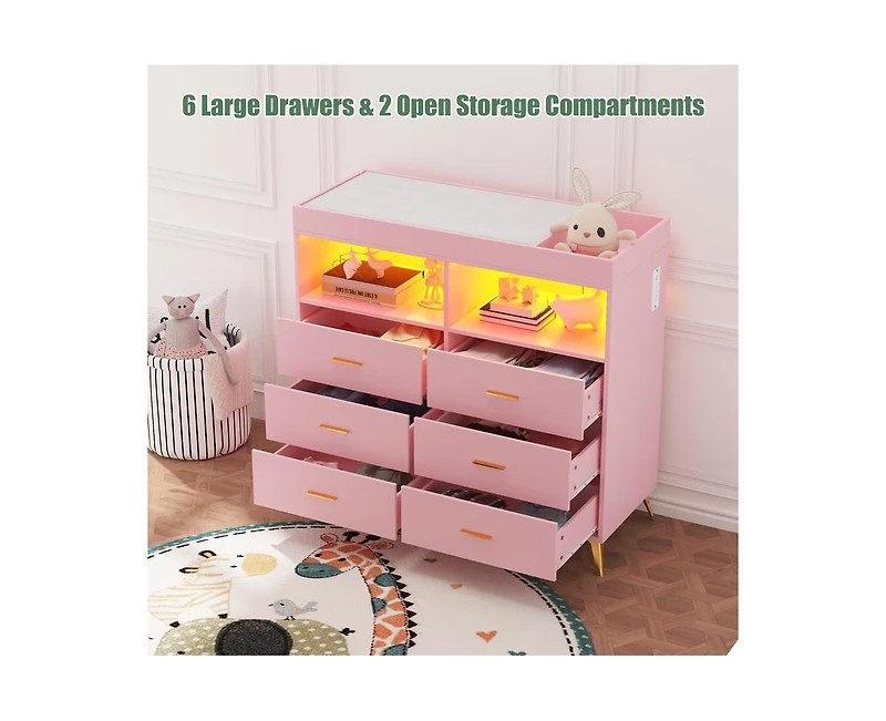 gaomon Dresser for Bedroom with 6 Drawers, Baby Changing Table Dresser with Changing Pad, Led Lights & Charging Station