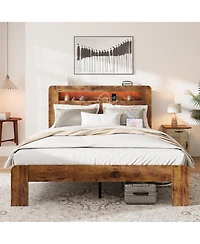 flynama King Size Wood Platform Bed Led Storage Headboard 2 Usb Charging Noise Free