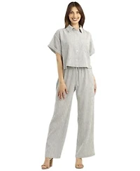 Bcx Womens Pucker Stripe Button Front Top Pull On Pants Set