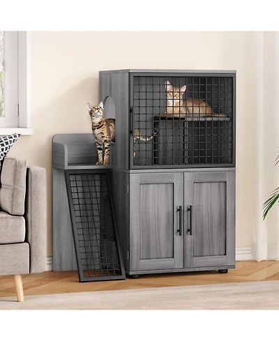 gaomon Modern Hidden Cat Litter Box Enclosure with Platform, Double-Layer Cabinet & Ladder