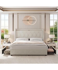 gaomon Upholstered Bed Frame with 4 Storage Drawers, Charging Station, Wingback Design, No Box Spring Needed, Noise-Free, Easy Assembly
