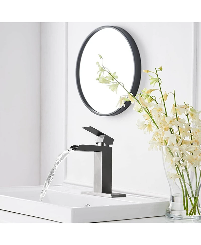 Busdays Brushed Nickel Waterfall Bathroom Faucet, Single Handle, 1/3 Hole with Deck Plate and Overflow Pop-Up Drain