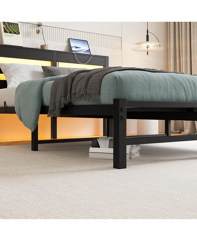 flynama Full Size Metal Bed Wooden Headboard Rgb Lights Charger Storage