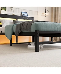 flynama Full Size Metal Bed Wooden Headboard Rgb Lights Charger Storage