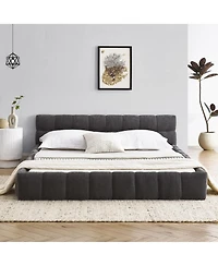 flynama Queen Size Grounded Upholstered Bed Thick Chenille Fabric Solid Frame