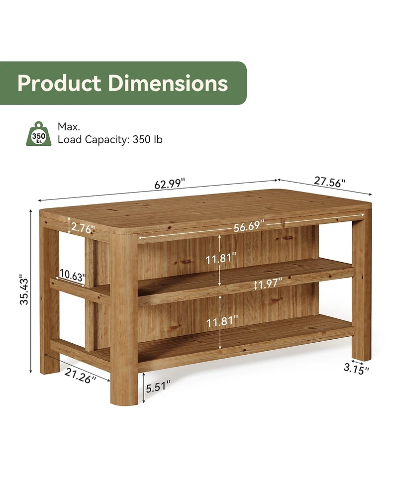 Tribesigns 63-Inch Solid Wood Kitchen Island with Storage Shelves, Farmhouse Island Table with Seating, Counter Height Bar Table