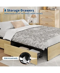 gaomon Bed Frame with Rattan Headboard, 4 Wooden Storage Drawers, Metal Base with Wooden Slats, No Box Spring Needed, Boho Style