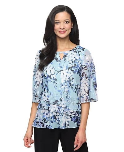 Alex Evenings Women's Burnout Chiffon Keyhole Neck Blouse