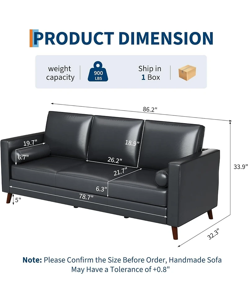 gaomon 86" Faux Leather Sofa, Mid Century Modern Deep Seat Couch, Couch with Upholstered Cushion and Removable Cover.