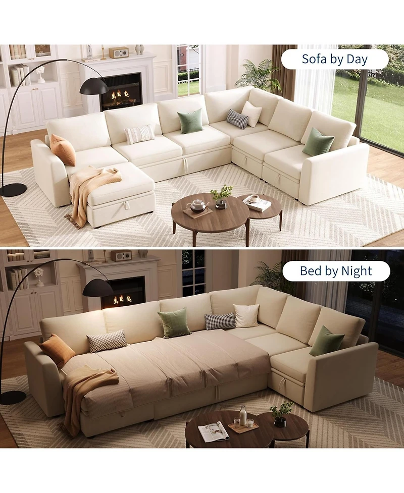 gaomon Sectional Sleeper Sofa with Pull Out Bed, Chenille Modular Sectional Sofa L Shaped Couch with Pull Out Couch and Storage Seat