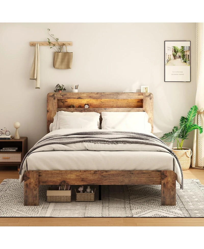flynama Wood Platform Bed Dark Led Storage Headboard 2 Usb Charging Noise Free