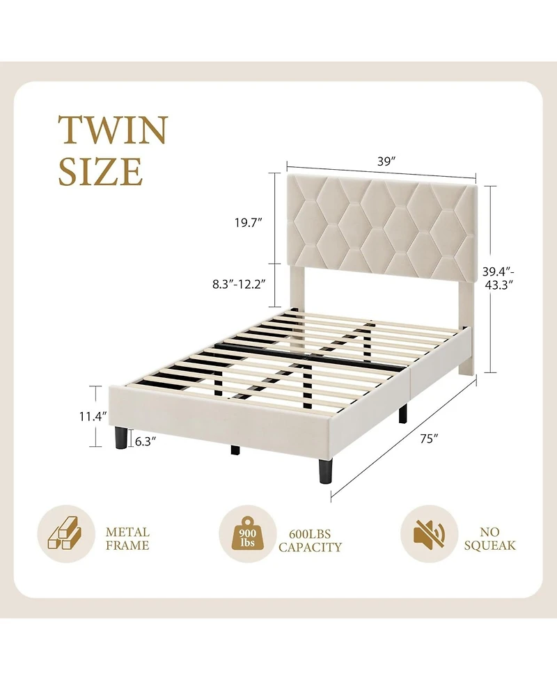 gaomon Twin Size Mdf + Iron + Fabric Diagonal Grid Soft Mattress, Comfortable Upholstered Bed Frame in Beige, No Box Spring Needed