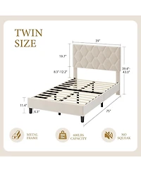 gaomon Twin Size Mdf + Iron + Fabric Diagonal Grid Soft Mattress, Comfortable Upholstered Bed Frame in Beige, No Box Spring Needed