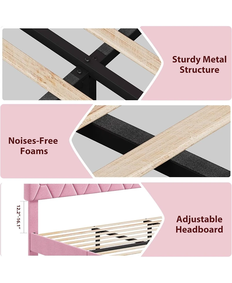gaomon King Size Mdf + Iron + Fabric Diagonal Grid Soft Mattress, Comfortable Upholstered Bed Frame in Pink, No Box Spring Needed, Space-Saving Design