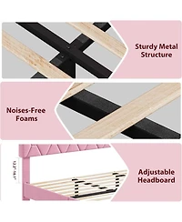 gaomon King Size Mdf + Iron + Fabric Diagonal Grid Soft Mattress, Comfortable Upholstered Bed Frame in Pink, No Box Spring Needed, Space-Saving Design
