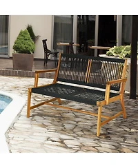 Gymax Wooden Rope Bench Loveseat Patio Garden Outdoor w/ Backrest and Armrest