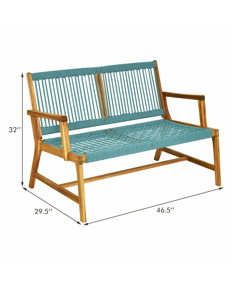 Gymax Wooden Rope Bench Loveseat Patio Garden Outdoor w/ Backrest and Armrest