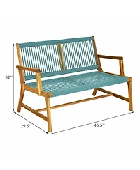 Gymax Wooden Rope Bench Loveseat Patio Garden Outdoor w/ Backrest and Armrest