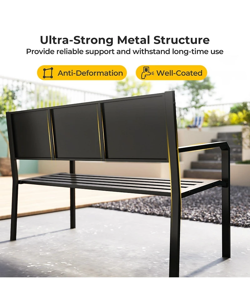 Gymax Patio Metal Bench Classic Slatted Loveseat for 2-3 People w/ Curved Seat