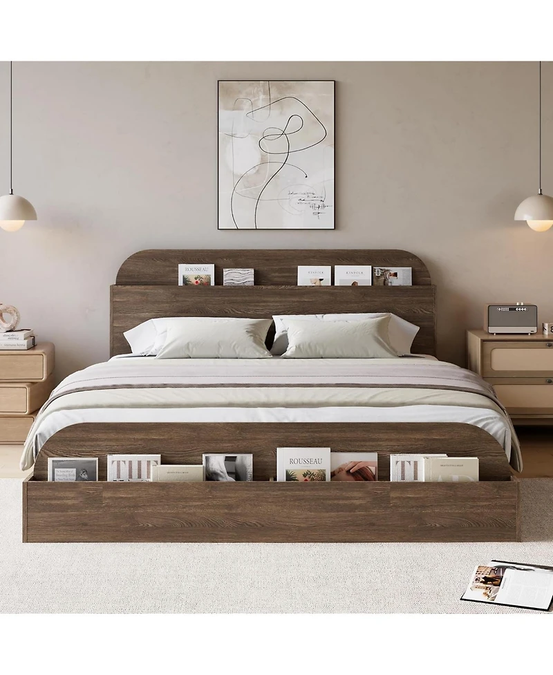 gaomon Full Size Bed Frame with Wooden Storage Headboard, Low Platform Design, Sturdy Wooden Slats, No Box Spring Needed for Bedroom, Space-Saving