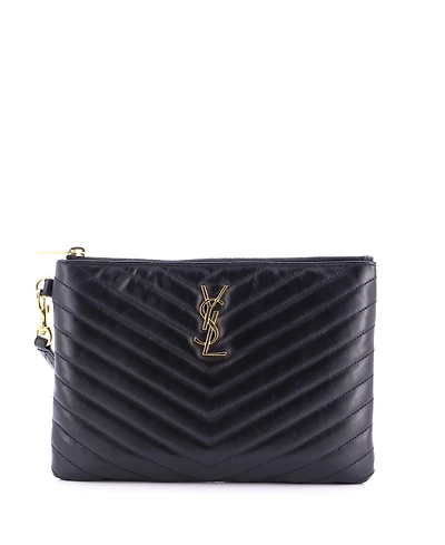 Pre-Owned Saint Laurent Small Classic Monogram Wristlet Pouch Matelasse Chevron Leather
