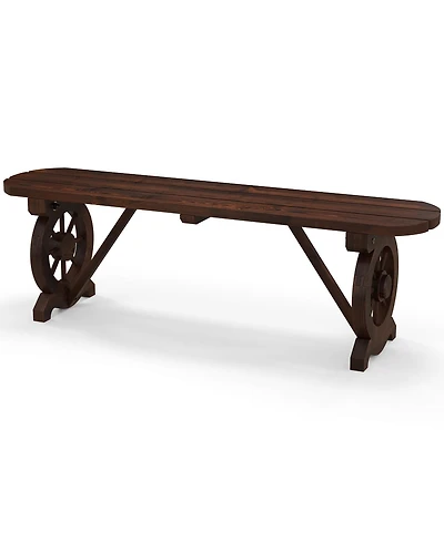 Gymax Rustic Wood Bench w/ Wagon Wheel Base Slatted Seat Design Max Load Patio
