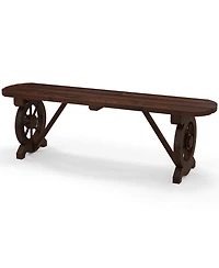Gymax Rustic Wood Bench w/ Wagon Wheel Base Slatted Seat Design Max Load Patio