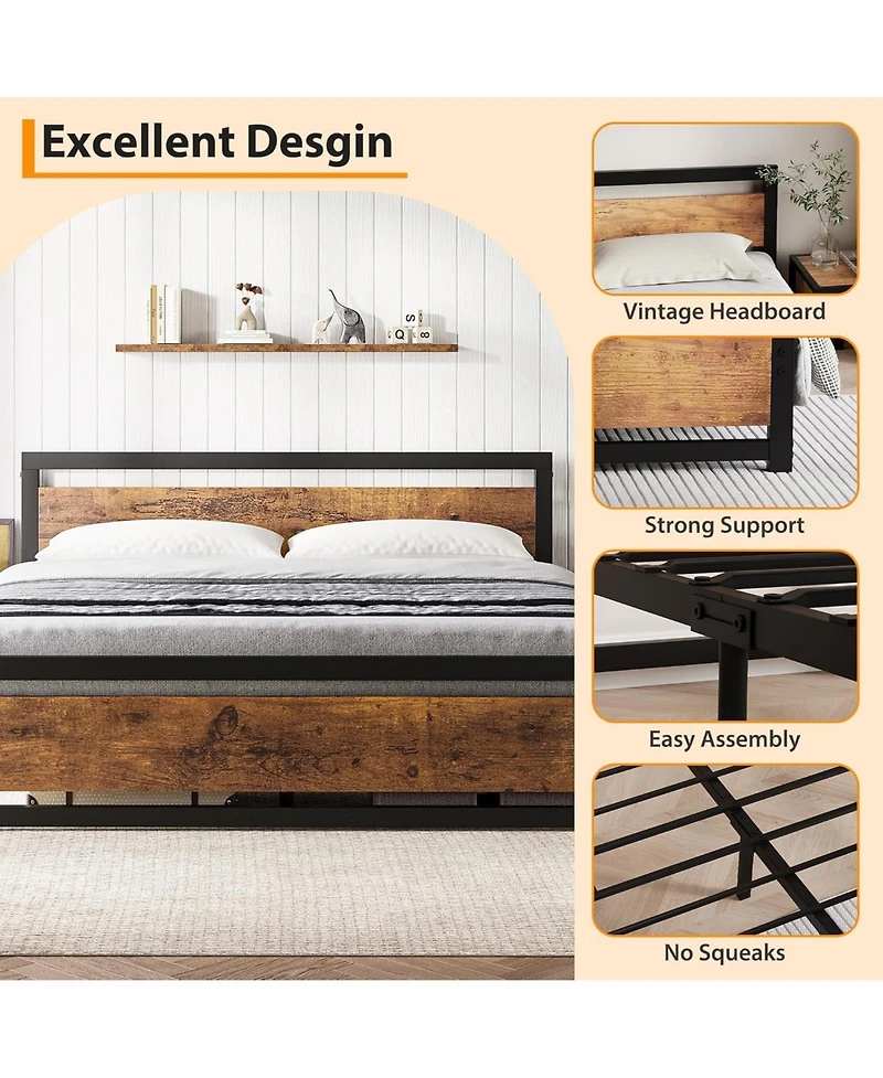 gaomon King Bed Frame, Metal Platform with Wooden Headboard and Footboard, Non-Slip Heavy Duty, Large Under Bed Storage, Noise-free, No Box Spring