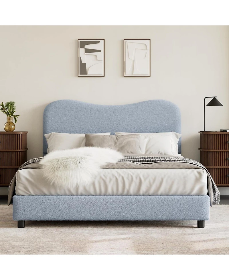 gaomon Queen Size Platform Bed Frame, Metal Frame with Wooden Slats, Sherpa Fabric Upholstered Headboard, No Box Spring, Noise Free