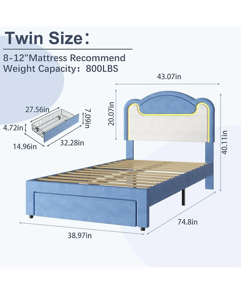 gaomon Twin Size Upholstered Bed Frame with Led Lights, Fabric Headboard, Princess Platform Bed, Wood Slats, No Box Spring