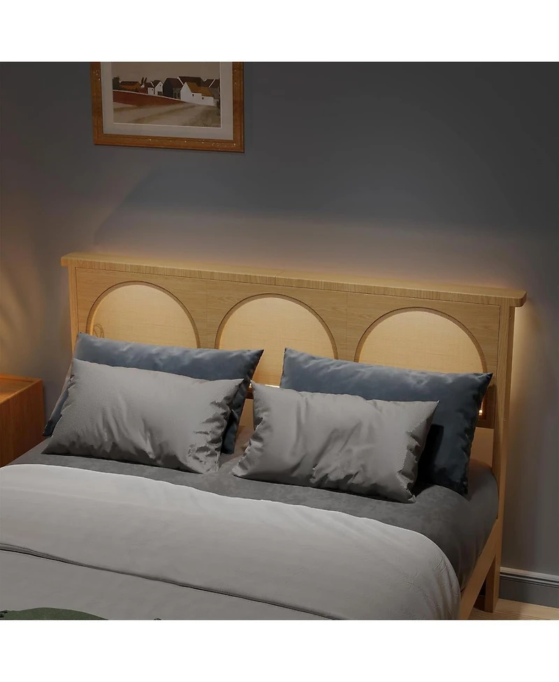 gaomon Queen Boho Rattan Bed Frame with Rgb Led Headboard, Underbed Storage, Solid Wood Slats, No Box Spring, Easy Assembly