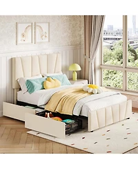gaomon Twin Linen Upholstered Bed Frame with 2 Storage Drawers & Adjustable Headboard, Wood Slats, No Box Spring Needed