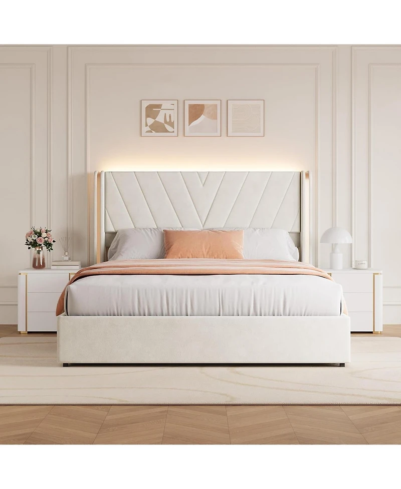 gaomon Queen Velvet Platform Bed Frame with 4 Storage Drawers, Rgb Led Lights & Wingback Headboard, Noise-Free, No Box Spring, Easy Assembly