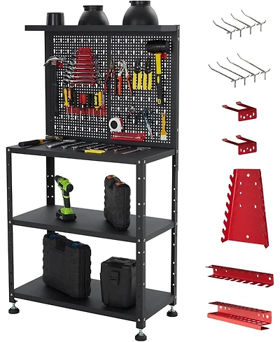 gaomon Heavy Duty Garage Workbench with Pegboard,32" Adjustable Garage Workbench with Tool Organizer,Industrial Metal Work Table with Shelves