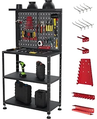 gaomon Heavy Duty Garage Workbench with Pegboard,32" Adjustable Garage Workbench with Tool Organizer,Industrial Metal Work Table with Shelves