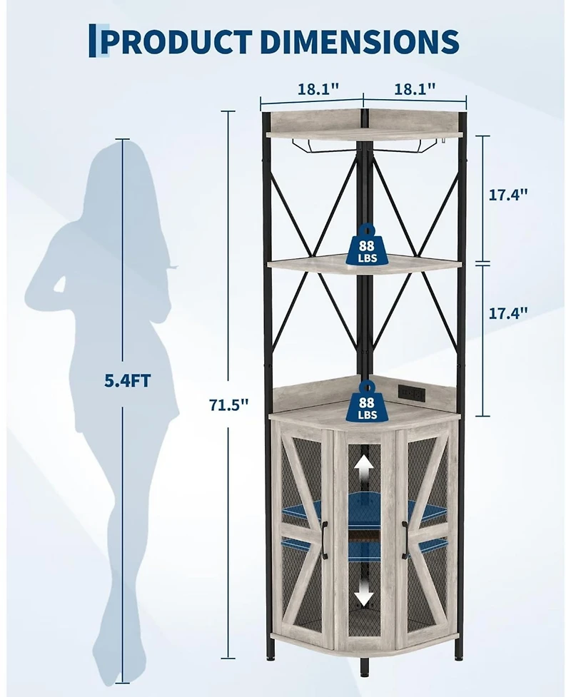 gaomon 72in Corner Wine Cabinet with Power Outlet, Industrial Wine Cabinet w/Led Strip&Glass Holder, 5 Tiers Liquor Cabinets Bar for Home, Small Space