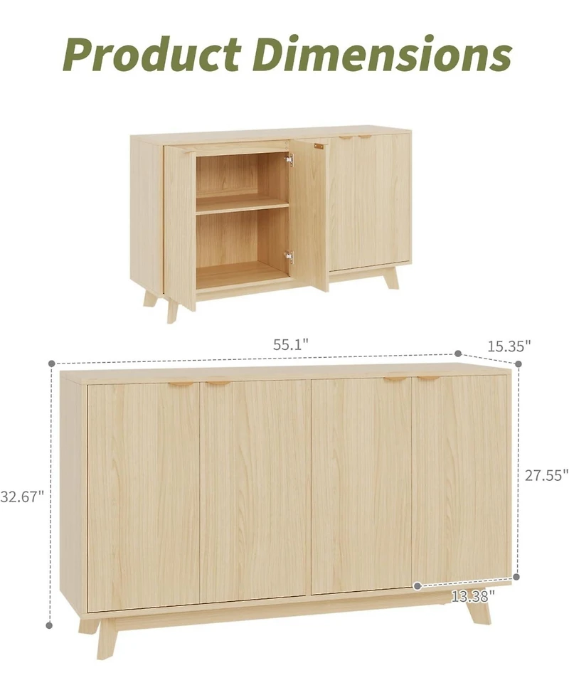 gaomon Fluted Accent Buffet Cabinet with Storage, 4 Doors Sideboard Buffet, Mid Century Modern Accent Cabinet with Adjustable Shelves, Console Table