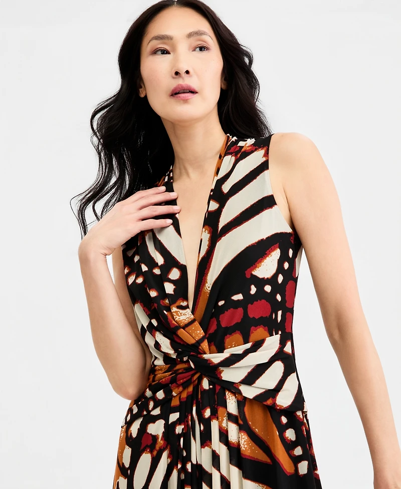 Anne Klein Women's Twist Front Sleeveless Midi Printed Mesh Dress